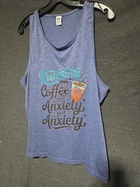 Women's Blue Graphic Tank Top Running on Coffee and Anxiety Sz 2x (More Like 1x)